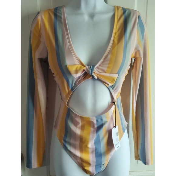 NWT Shade & Shore Multi Stripe Long Sleeve Knot-Front Cut Out One Piece - Picture 4 of 12